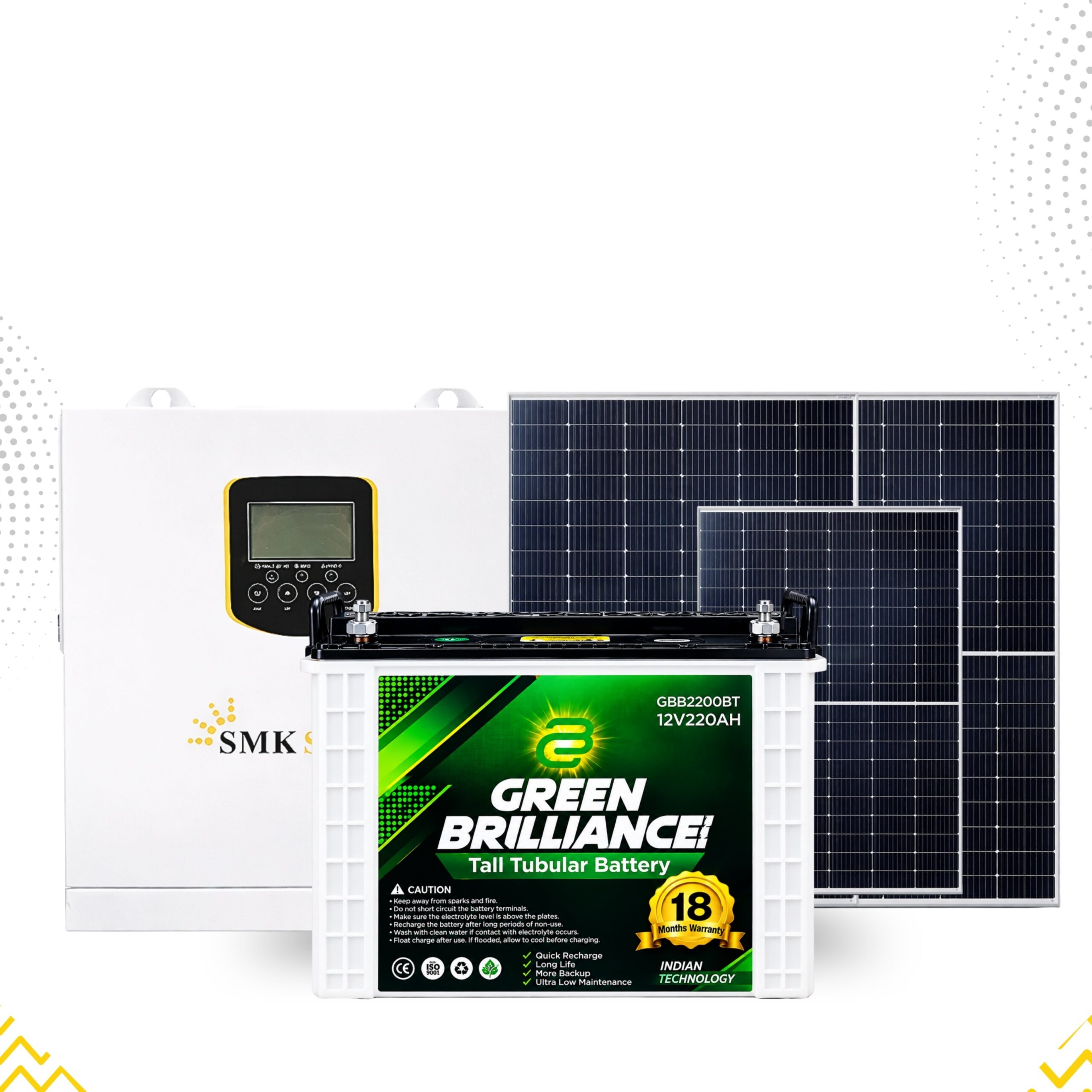 1.5kVA Solar Inverter, 12V 220AH Tubular Battery Package & Solar Panel Package